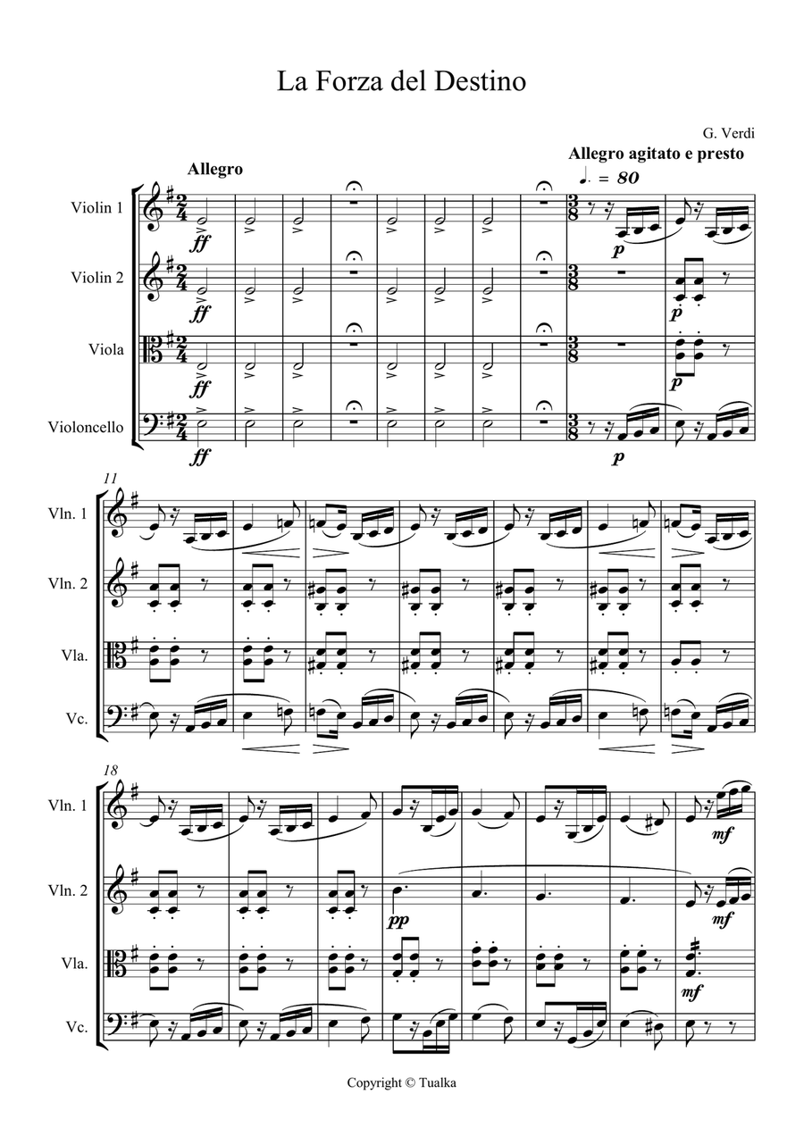 G. Verdi - La Forza del Destino (Ouverture) G. Verdi - La Forza del Destino (Ouverture) String Quartet scores gallery preview page 1