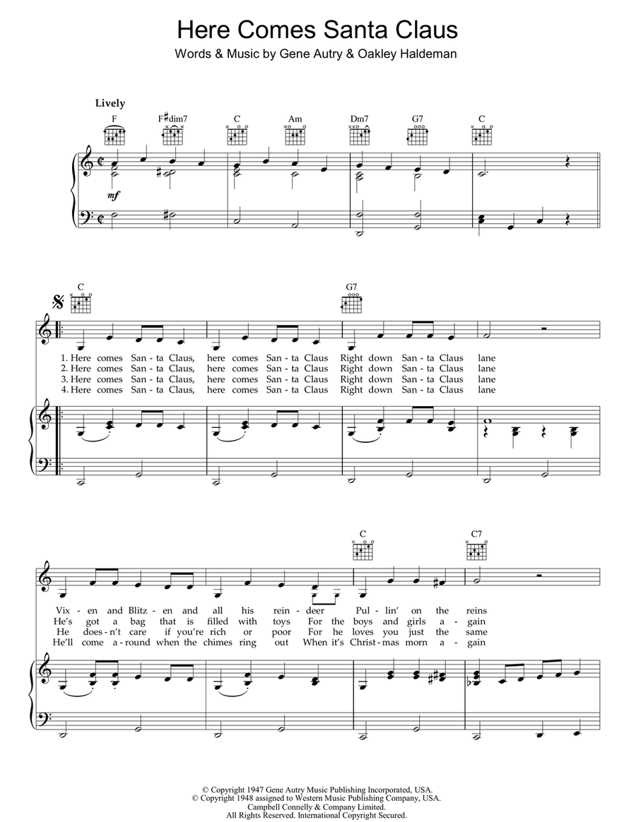 Here Comes Santa Claus (Right Down Santa Claus Lane) Piano, Vocal, Guitar scores gallery preview page 1