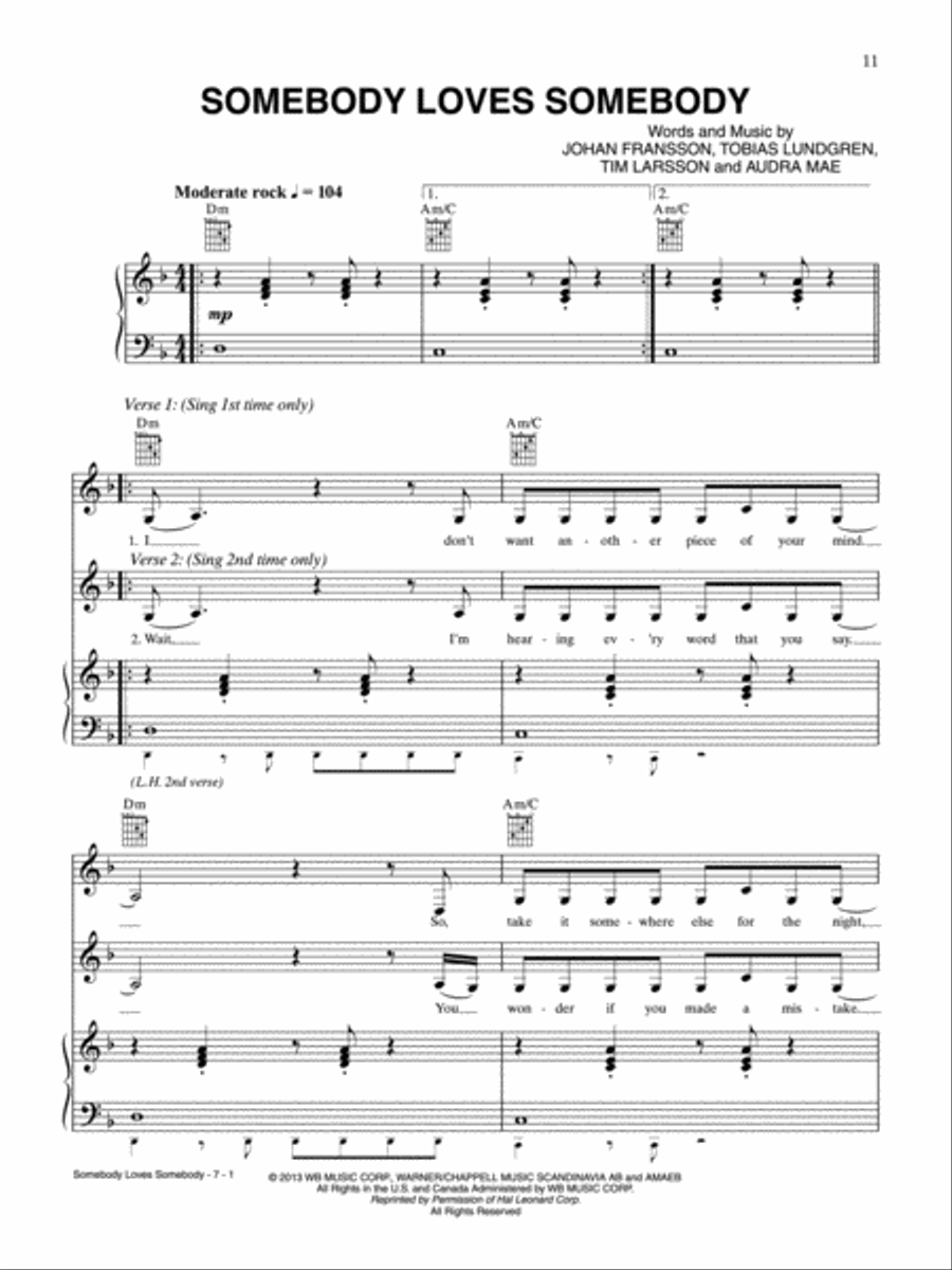 Somebody Loves Somebody Piano, Vocal, Guitar scores gallery preview page 1