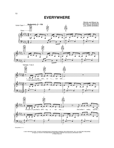 Everywhere by Michelle Branch - Piano, Vocal, Guitar - Digital Sheet Music