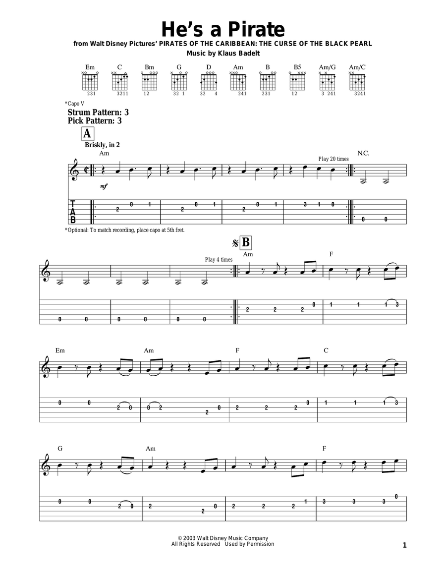 He's A Pirate (from Pirates Of The Caribbean: The Curse of the Black Pearl) Guitar Tablature scores gallery preview page 1