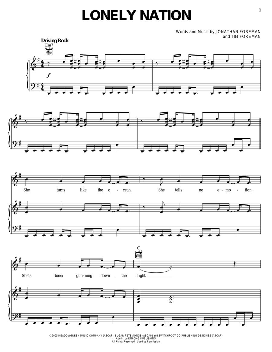 Lonely Nation Lonely Nation Piano, Vocal, Guitar scores gallery preview page 1