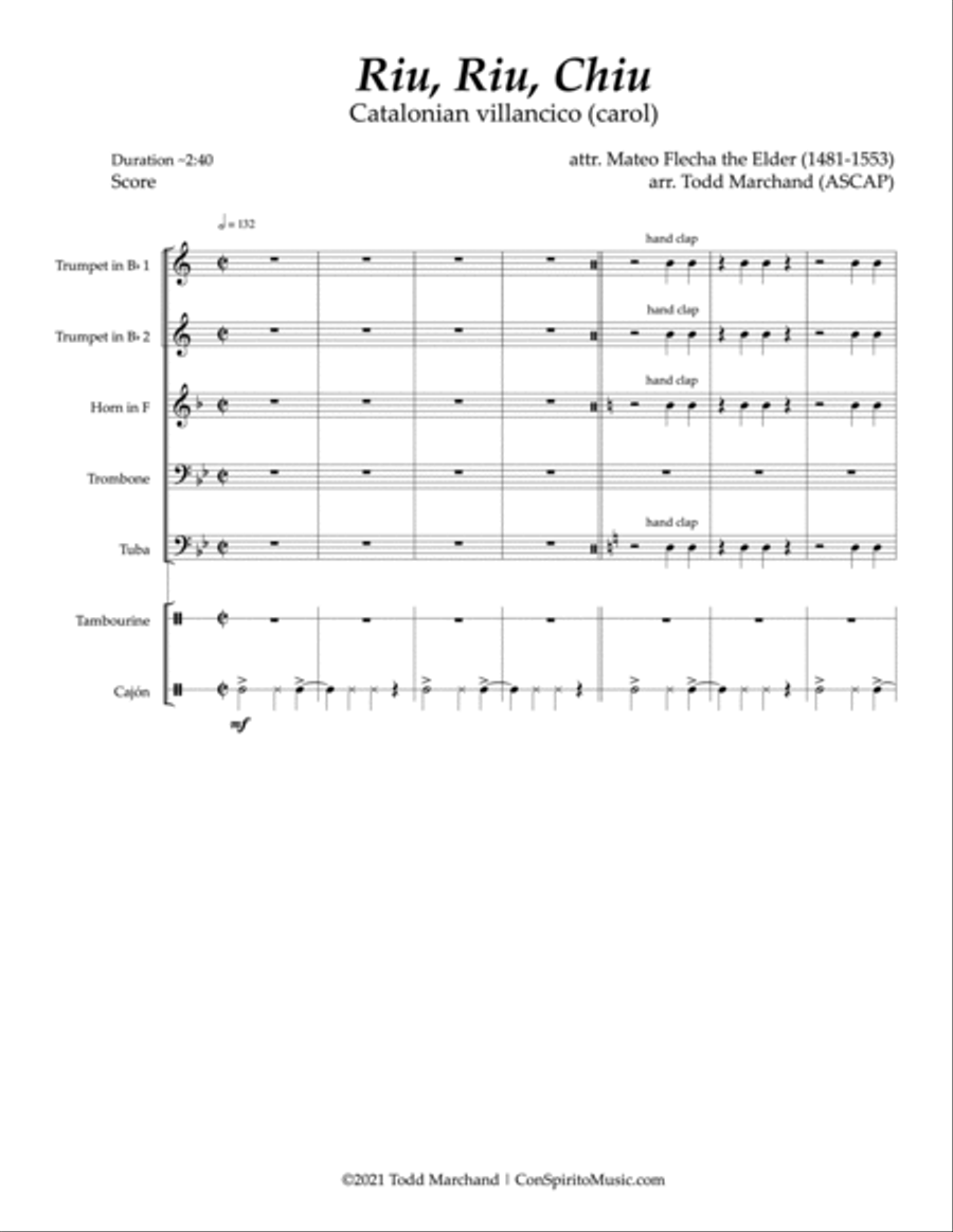 Riu, Riu, Chiu - brass quintet, percussion (bodhran, tambourine) image number null