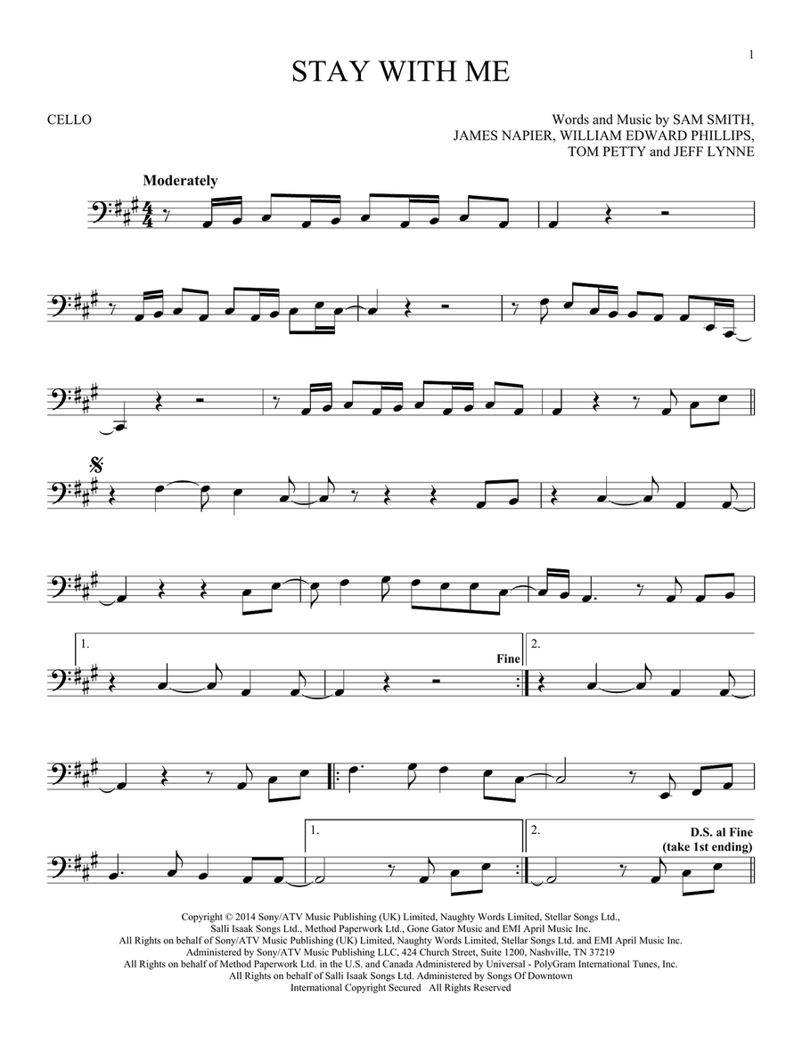 Stay With Me by Sam Smith Cello Solo - Digital Sheet Music