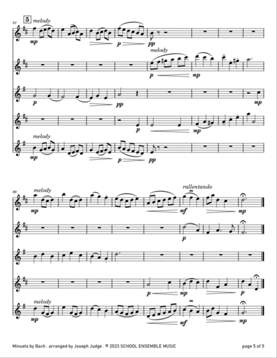 Minuets by Bach for Saxophone Quartet in Schools Saxophone Quartet scores gallery preview page 5