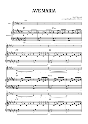 Bach / Gounod Ave Maria in F sharp [F#] • alto sheet music with piano accompaniment and chords