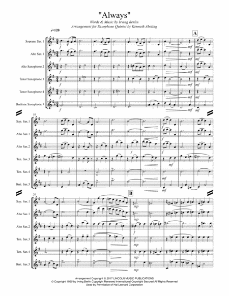 Always - Irving Berlin (for Saxophone Quintet SATTB or AATTB) image number null
