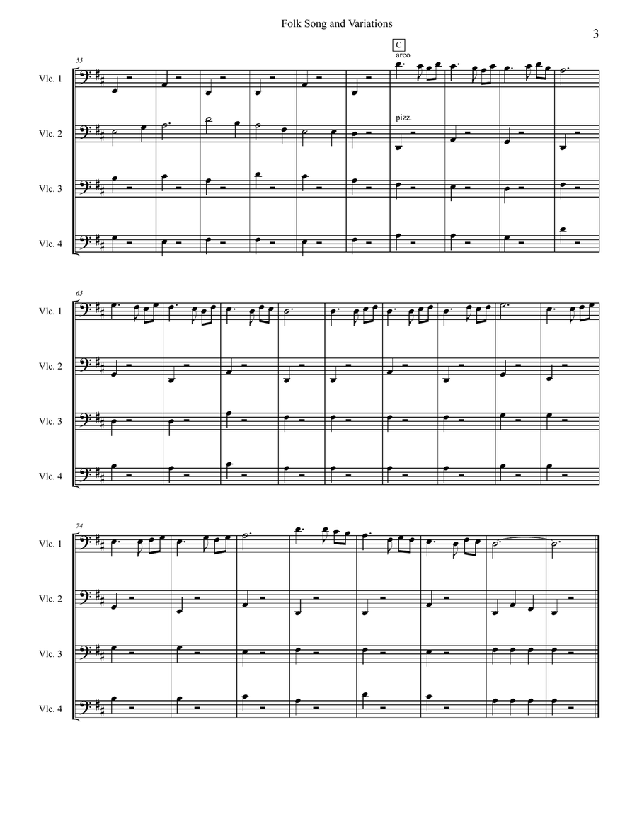 Traditional French Folk Song and Variation for four beginner cellists (cello quartet) String Orchestra scores gallery preview page 3