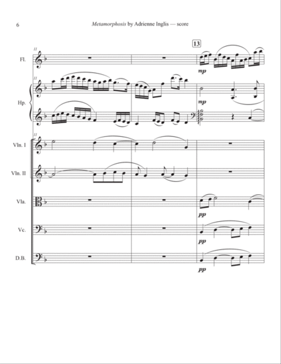 Metamorphosis for solo flute, solo pedal or lever harp, and strings Chamber Orchestra scores gallery preview page 6