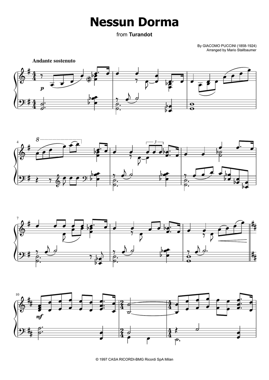 Nessun Dorma Piano Solo scores gallery preview page 1