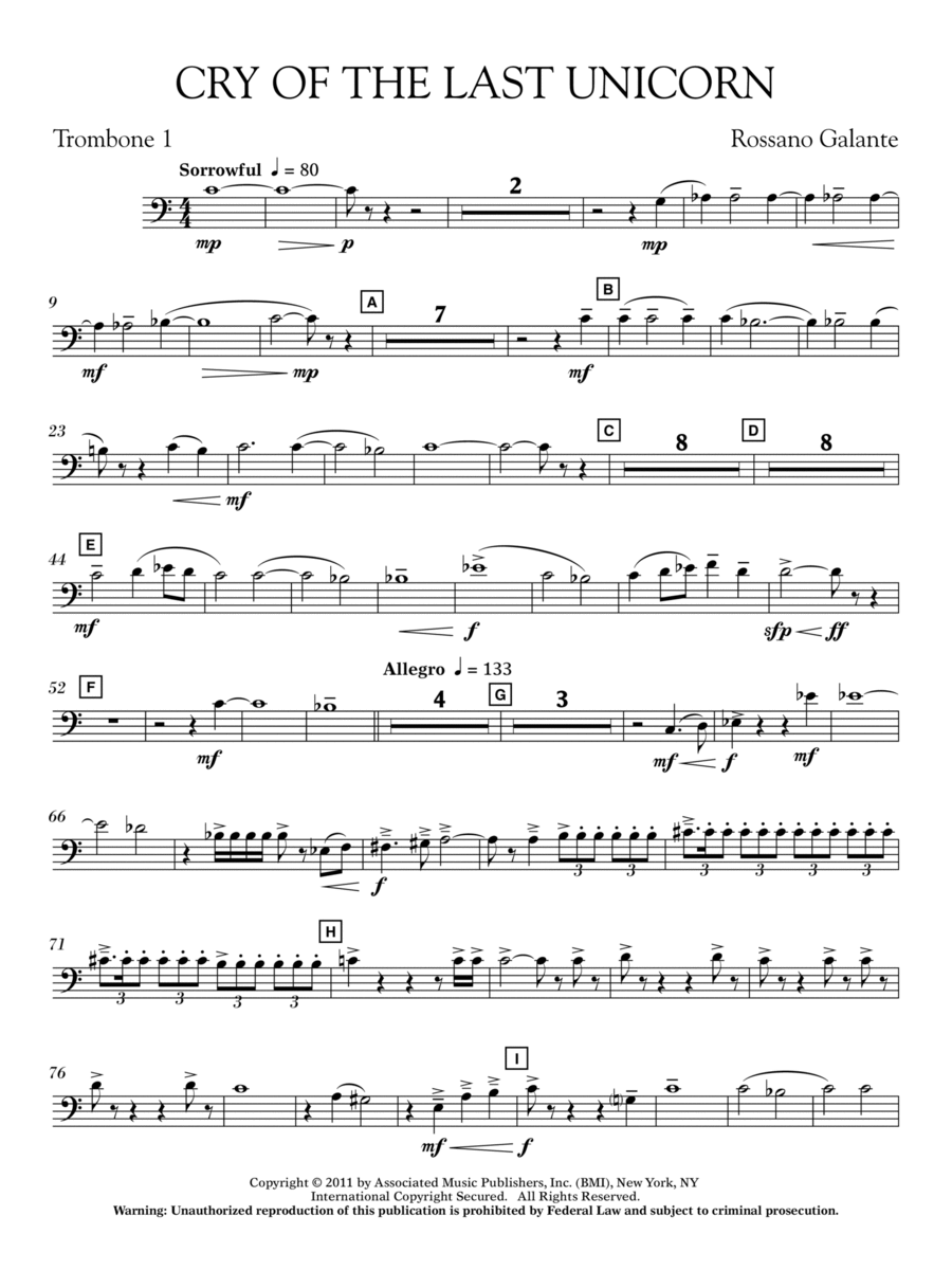 Cry Of The Last Unicorn - Trombone 1 Concert Band scores gallery preview page 1
