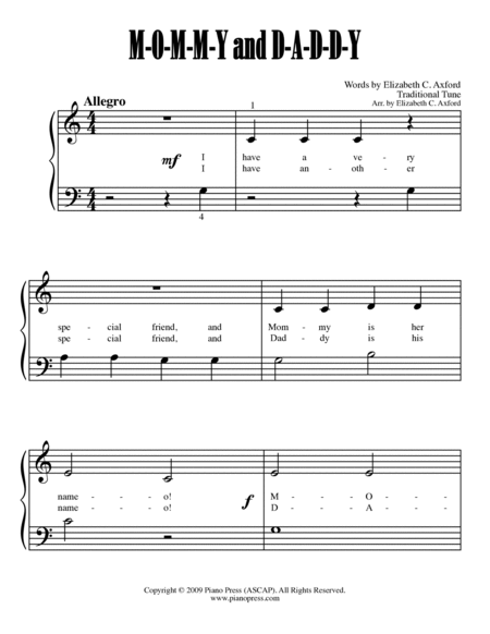 M-O-M-M-Y and D-A-D-D-Y Easy Piano - Digital Sheet Music
