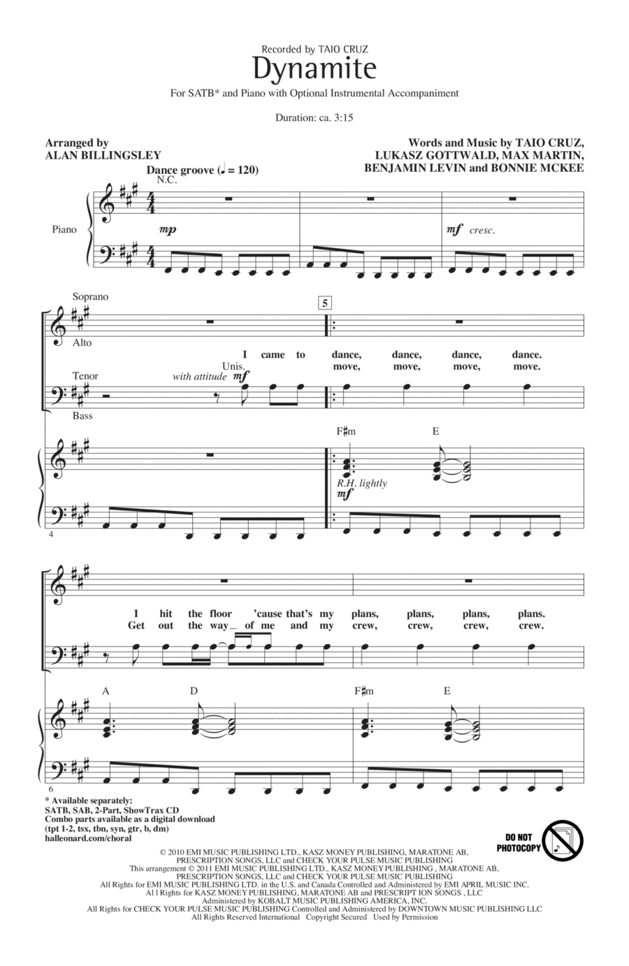 Dynamite (arr. Alan Billingsley) 4-Part scores gallery preview page 1