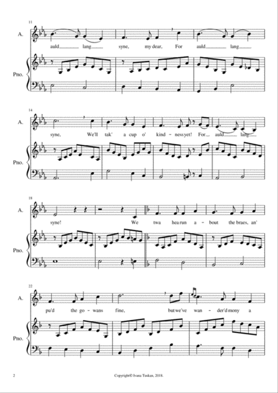 Auld Lang Syne, alto and piano Voice Solo scores gallery preview page 2