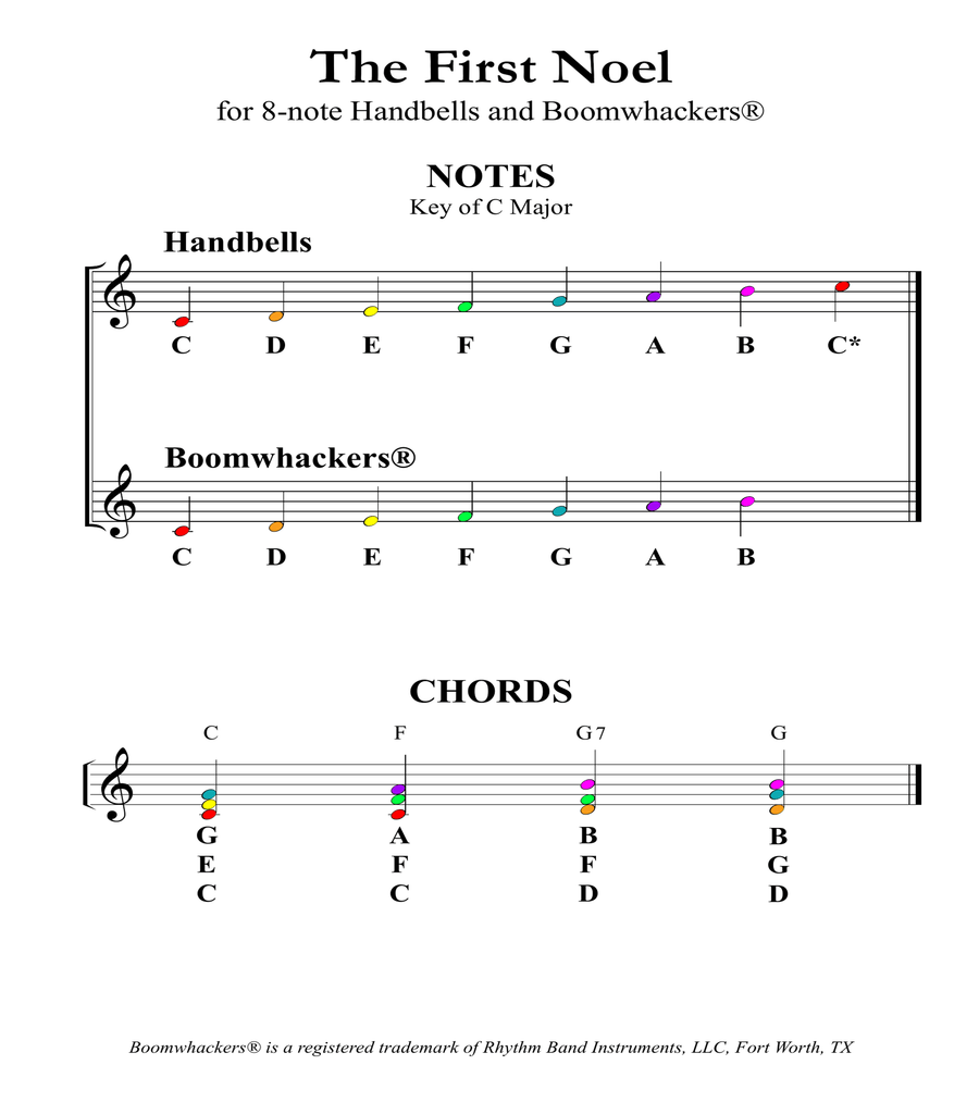The First Noel for 8 note Bells and Boomwhackers with Color Coded