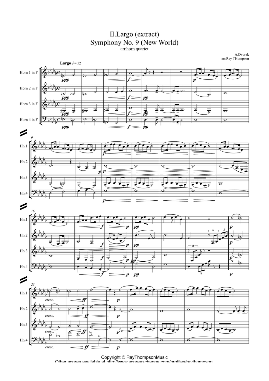 Dvorak: Mvt.II Largo (extract) from Symphony No.9 (New World) Op.95 - horn quartet Brass Quartet scores gallery preview page 1