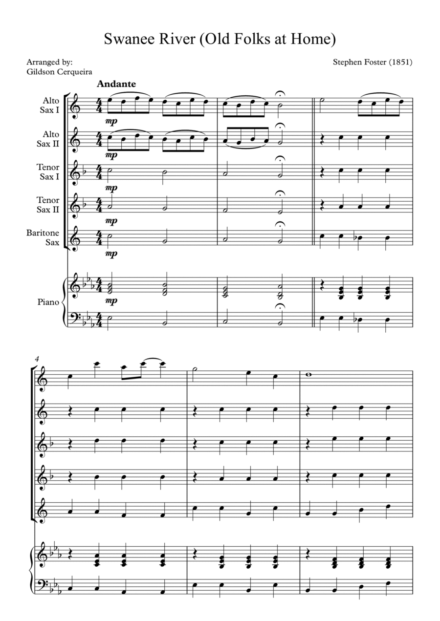 Swanee River (Old Folks at Home) Saxophone Quintet scores gallery preview page 1