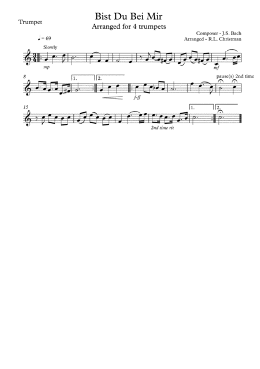 Bist Du Bei Mir for 4 Trumpets in B Flat Brass Ensemble scores gallery preview page 3