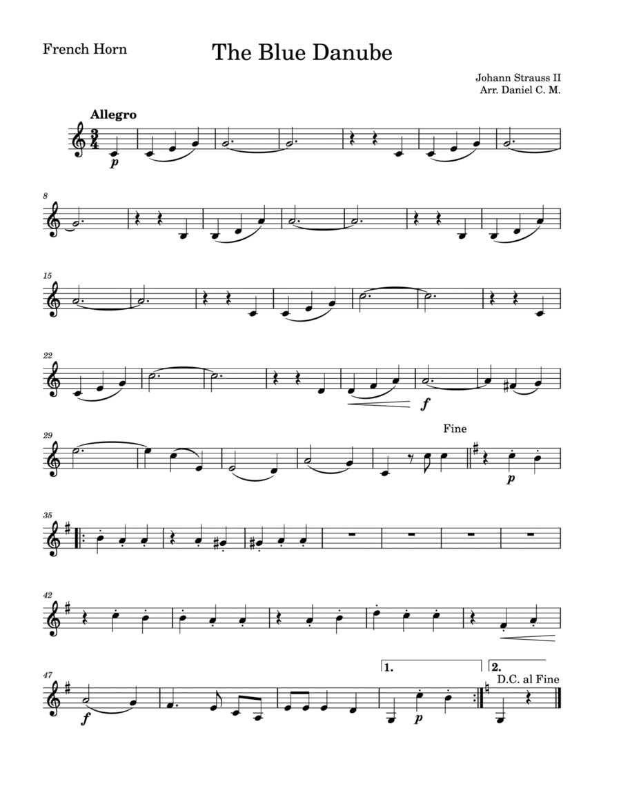 The Blue Danube for french horn (easy) Horn scores gallery preview page 1