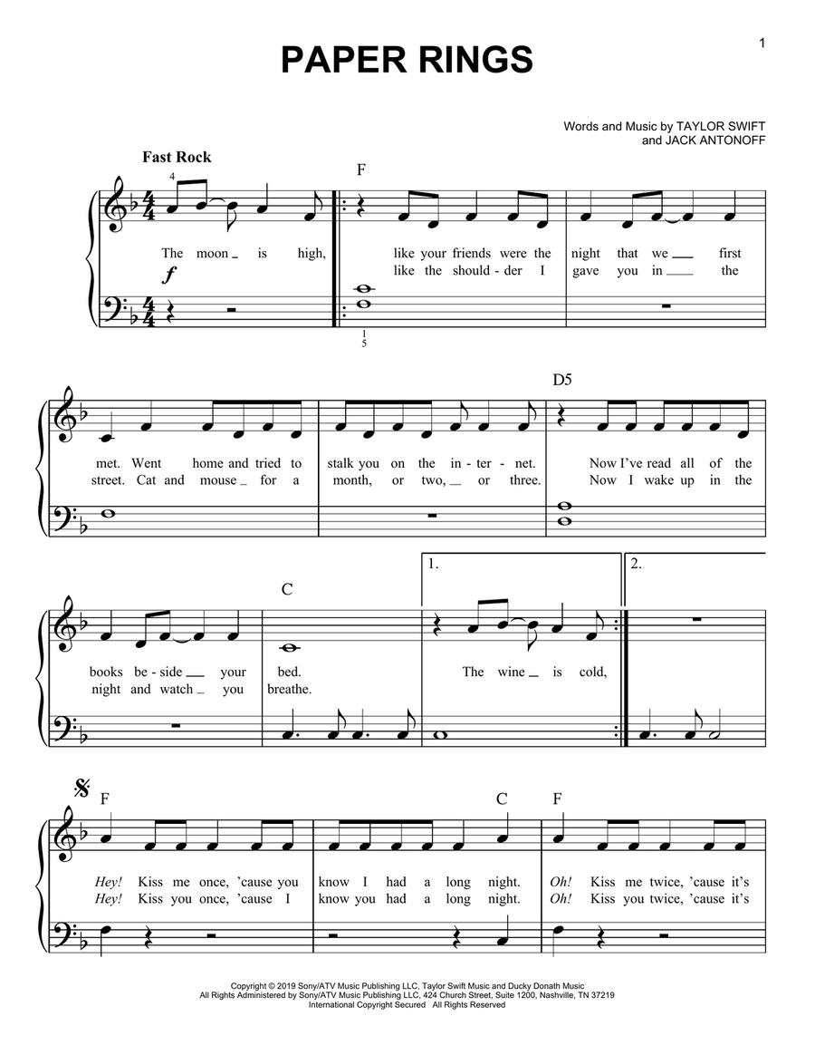 Paper Rings Easy Piano scores gallery preview page 1