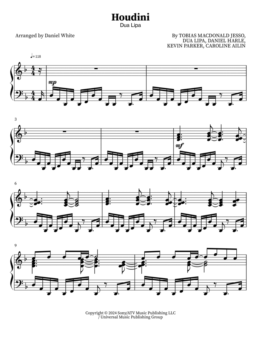 Houdini by Dua Lipa - Piano Solo - Advanced Digital Sheet Music | Sheet ...