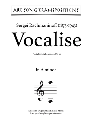 Book cover for RACHMANINOFF: Vocalise, Op. 34 no. 14 (transposed to A minor)