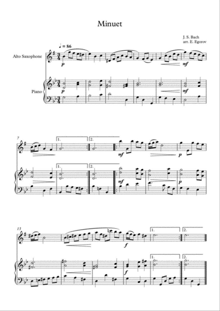 Minuet (In D Minor), Johann Sebastian Bach, For Alto Saxophone & Piano Alto Saxophone scores gallery preview page 1