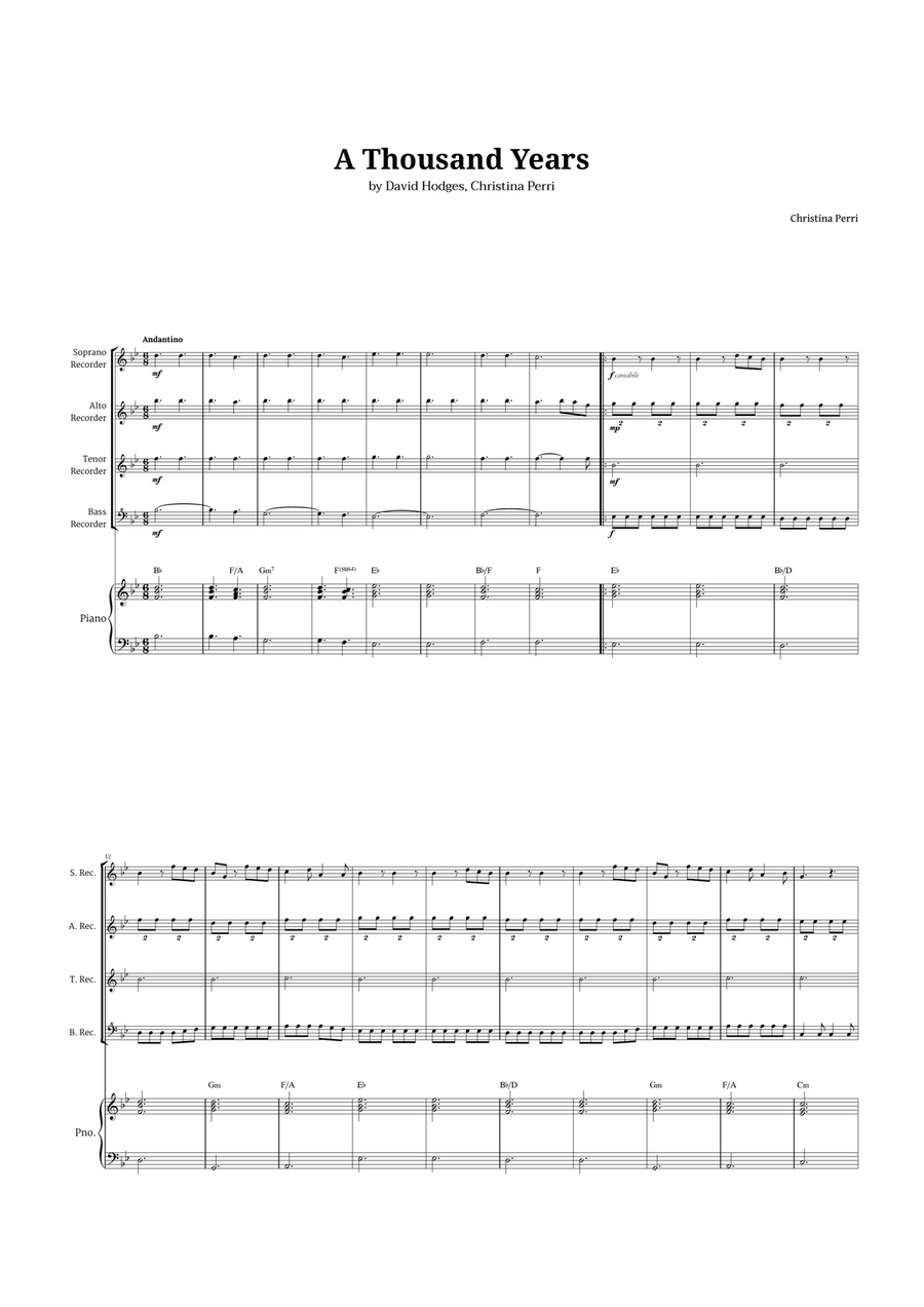 A Thousand Years Soprano Recorder scores gallery preview page 1