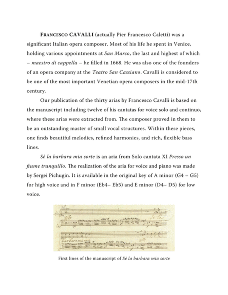 CAVALLI Francesco: Sè la barbara mia sorte, aria from the cantata, arranged for Voice and Piano (F image number null