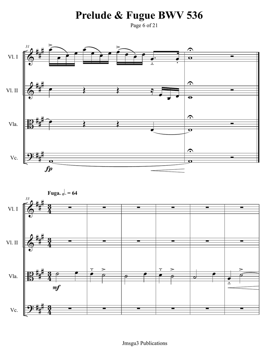 Bach: Prelude & Fugue in A Major BWV 536 String Quartet scores gallery preview page 6