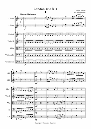London Trio №1 (Divertimento in C major, Hob.IV:1), for 2 Flute & Strings (arr.), Full Score & Set