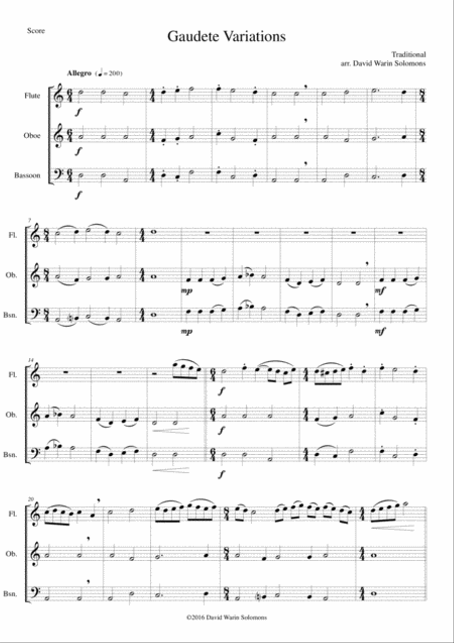 Gaudete Variations for wind trio (flute, oboe, bassoon) Woodwind Trio scores gallery preview page 1