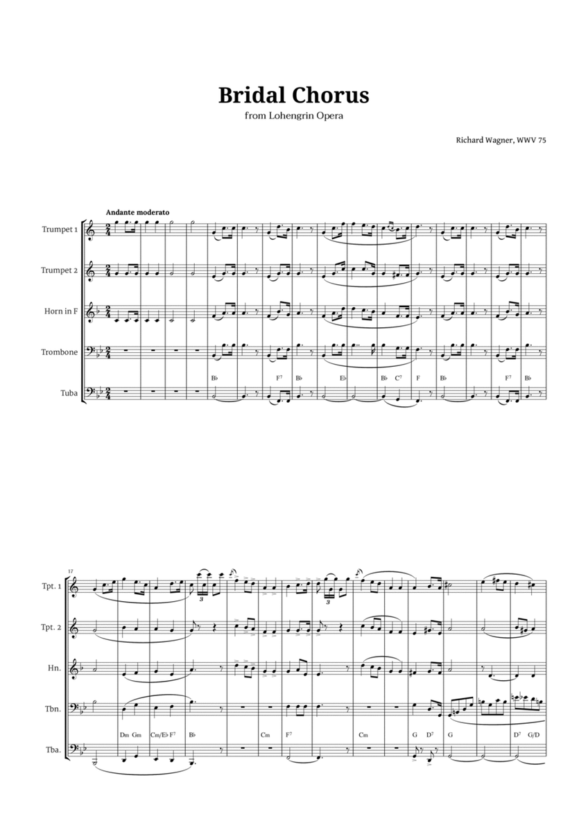 Bridal Chorus by Wagner for Brass Quintet with Chords image number null