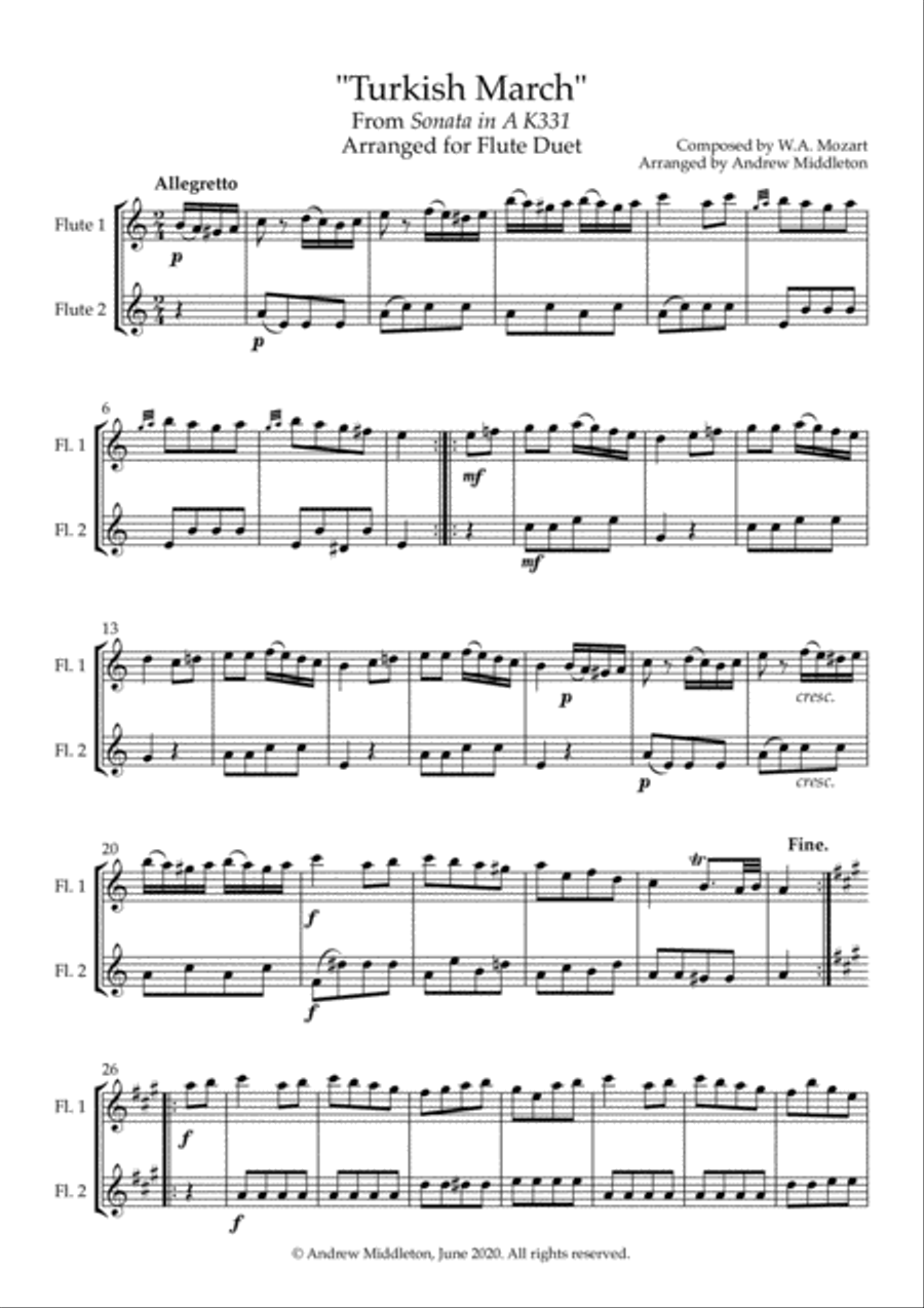 Turkish March arranged for Flute Duet Flute Duet scores gallery preview page 3