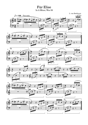 Fur Elise - Original (with fingering and pedal) - In A Minor, Woo 59 - L. van Beethoven