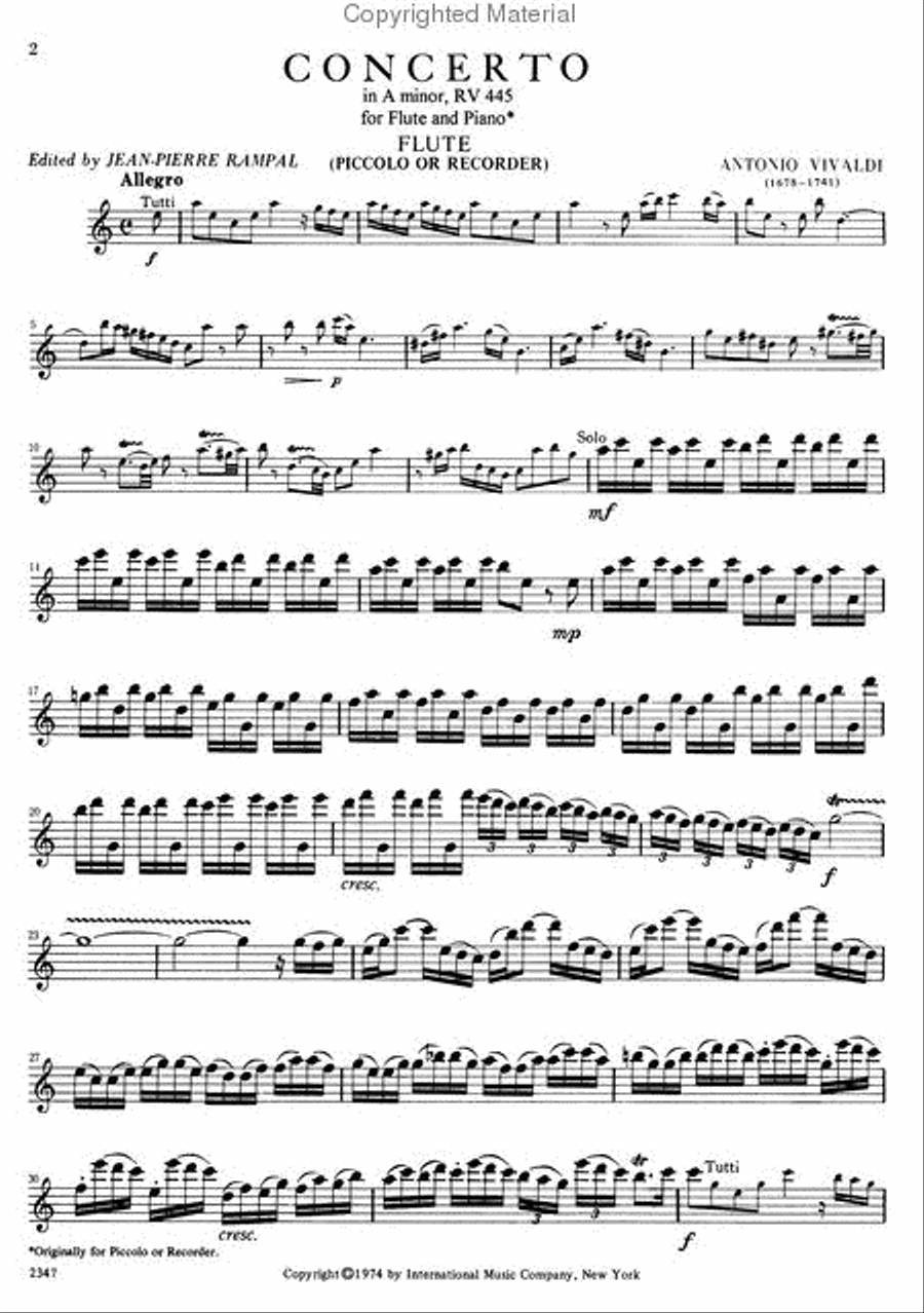 Concerto In A Minor, Rv 445, Piccolo (Recorder) Piccolo scores gallery preview page 2