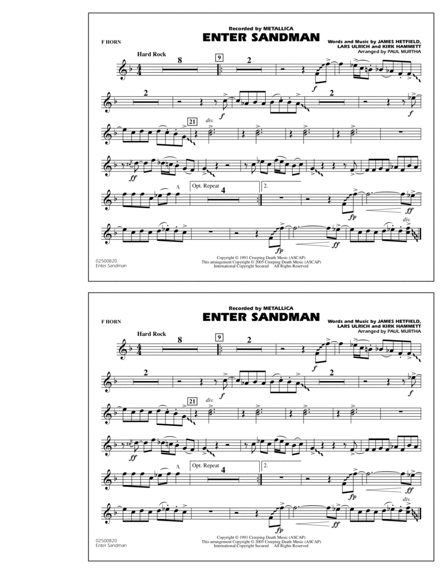 Enter Sandman - F Horn Marching Band scores gallery preview page 1