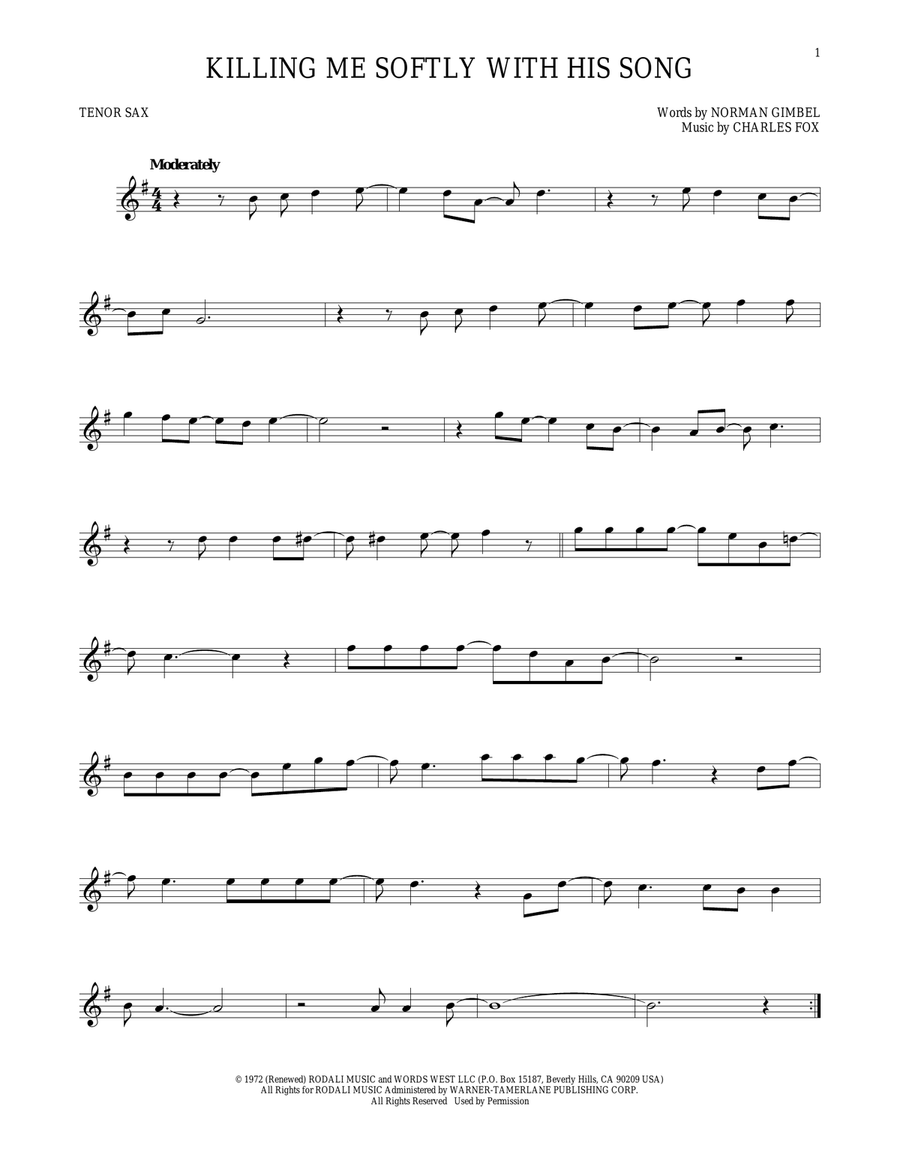 Killing Me Softly With His Song Tenor Saxophone scores gallery preview page 1