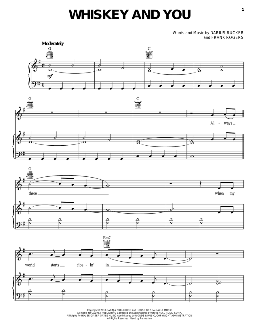 Whiskey And You Piano, Vocal, Guitar scores gallery preview page 1