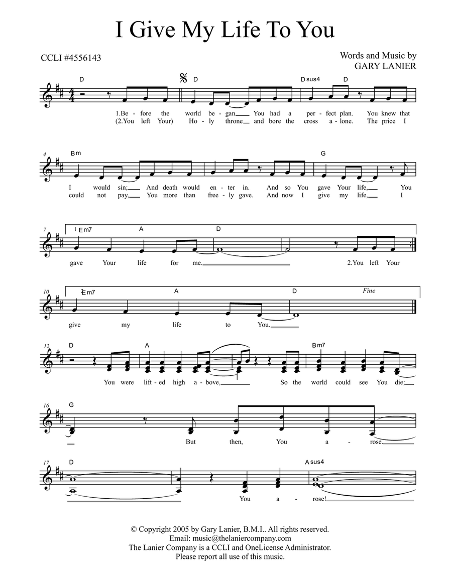 I GIVE MY LIFE TO YOU, Worship Lead Sheet (Includes Melody, Vocal Parts, Lyrics & Chords) Voice scores gallery preview page 2