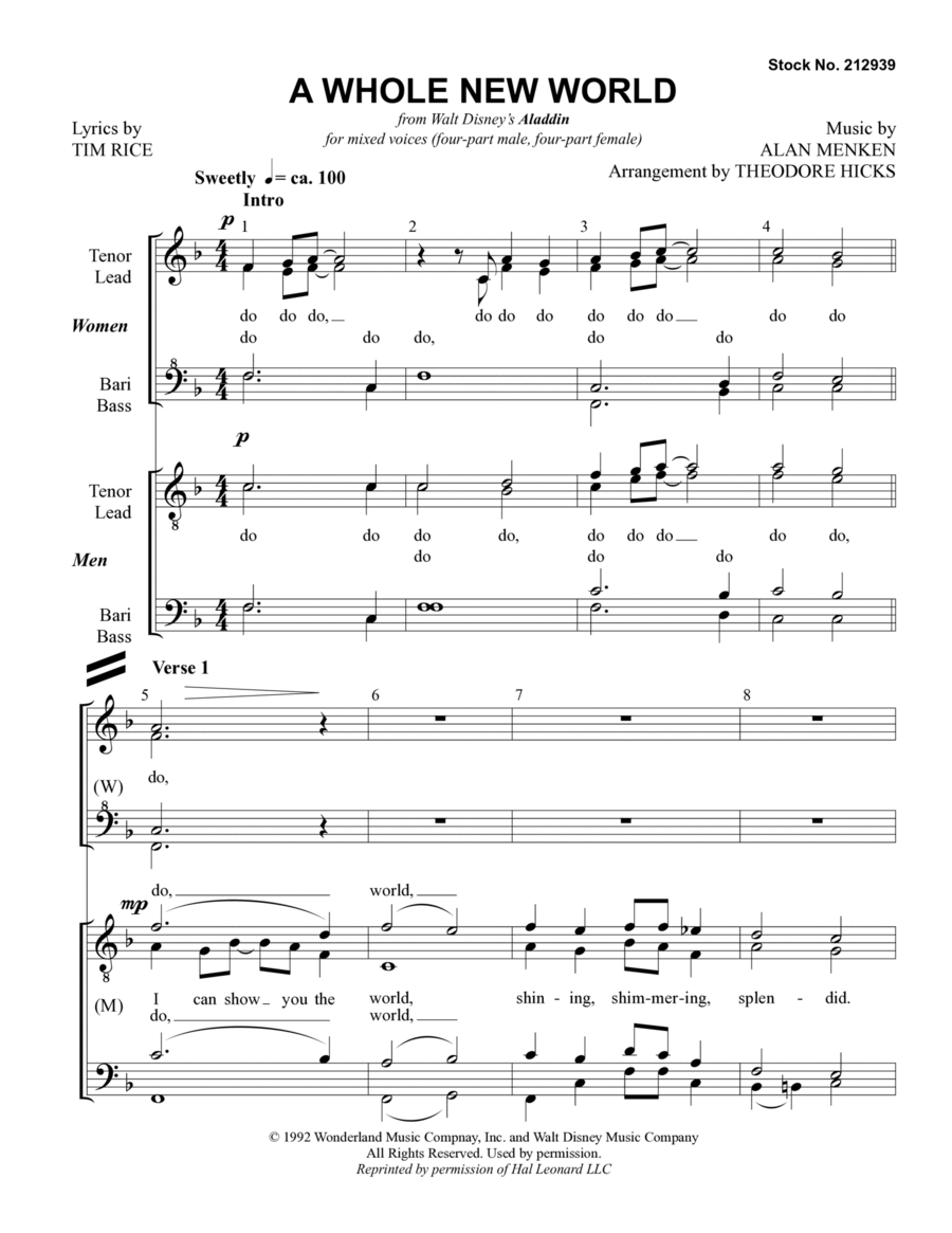 A Whole New World (from Aladdin) (arr. Theo Hicks) SSAATTBB scores gallery preview page 1