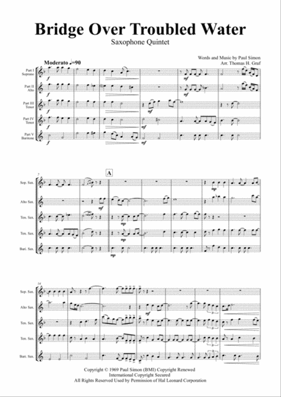 Bridge Over Troubled Water Saxophone Quintet scores gallery preview page 1