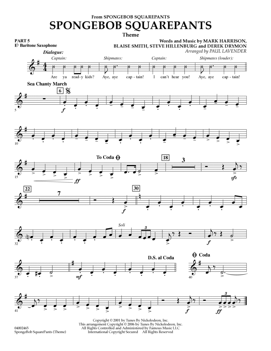 Spongebob Squarepants - Pt.5 - Eb Baritone Saxophone Concert Band scores gallery preview page 1