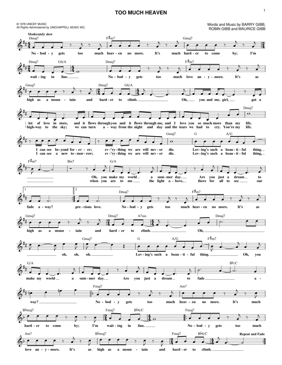 Too Much Heaven Piano scores gallery preview page 1