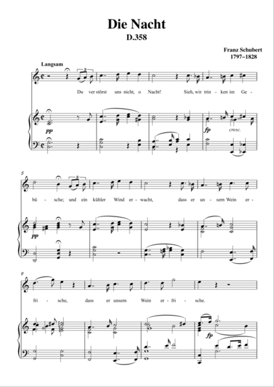 Schubert-Die Nacht in C D.358,for Vocal and Piano Voice scores gallery preview page 2