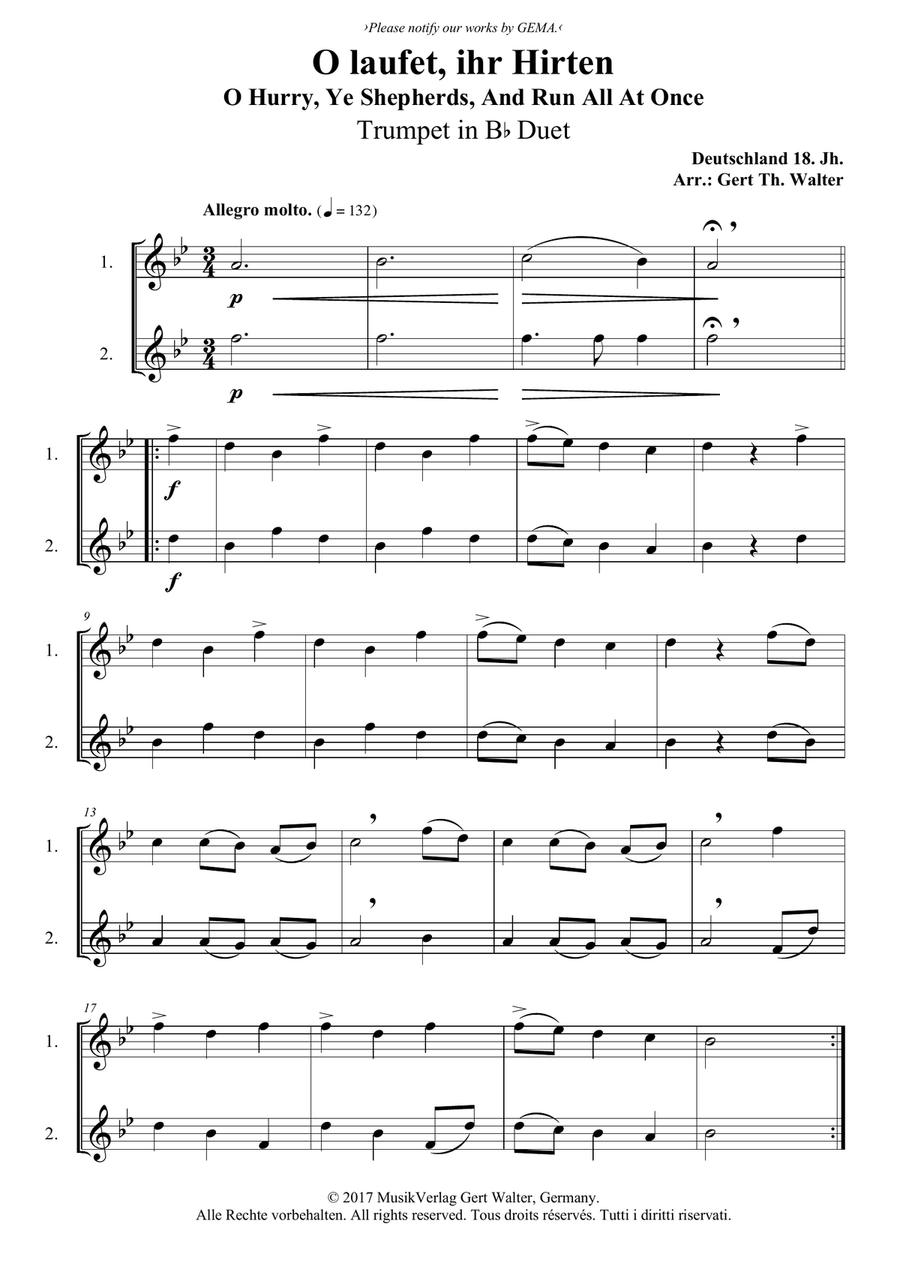 O Hurry, Ye Shepherds, And Run All At Once Trumpet Duet scores gallery preview page 1