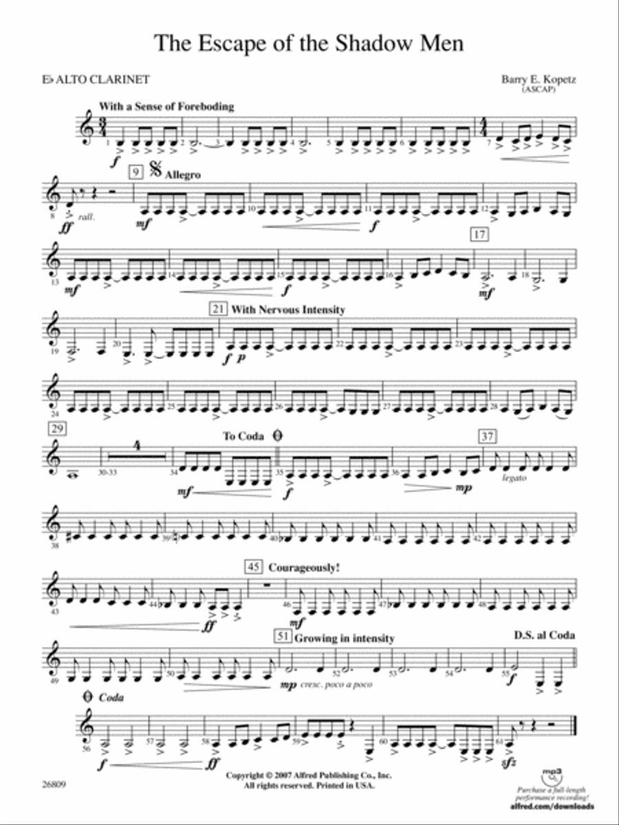 The Escape of the Shadow Men: E-flat Alto Clarinet Concert Band scores gallery preview page 1