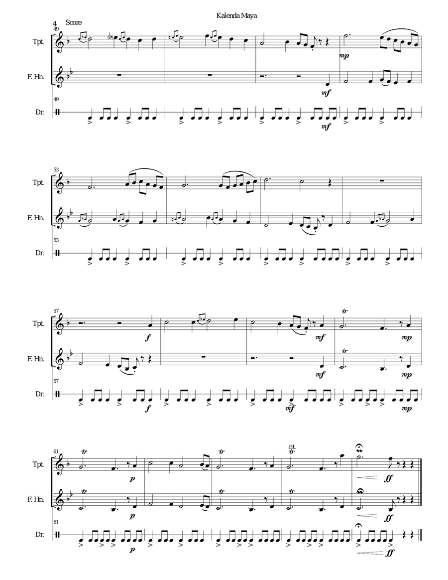 Kalenda Maya for trumpet, horn and drum Small Ensemble scores gallery preview page 4