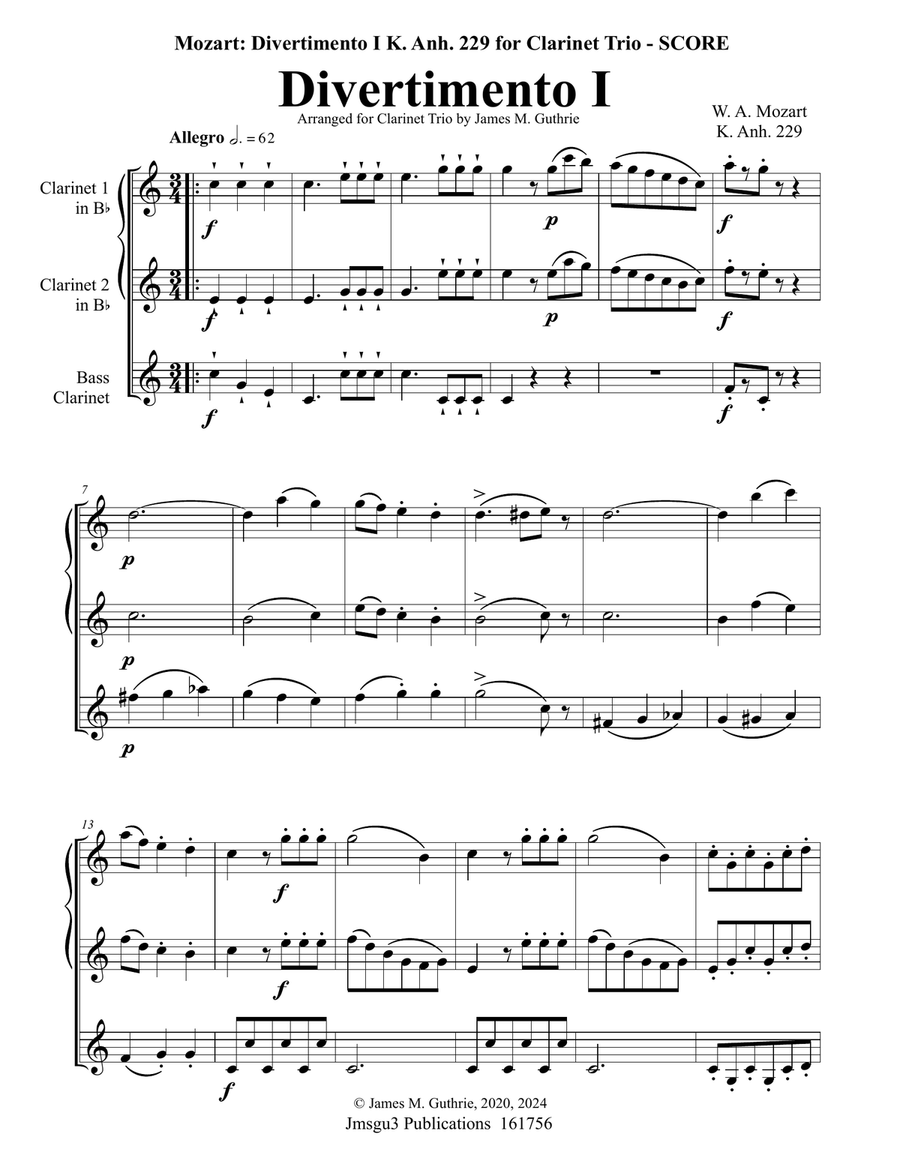 Mozart: Divertimento No. 1 for Clarinet Trio Clarinet Trio scores gallery preview page 1