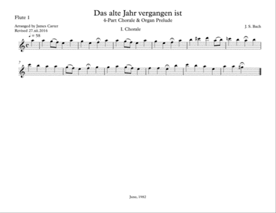 Das alte Jahr vergangen ist, I. Chorale, by J.S. Bach, arranged for Flute Choir (3 Flutes, Bass Flut